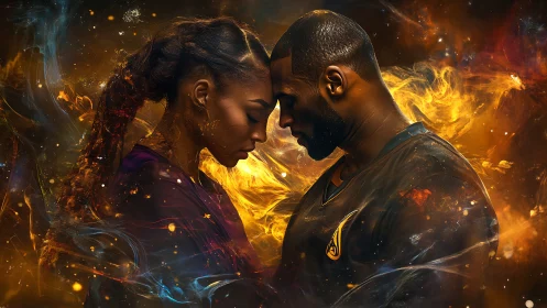 Two figures face each other surrounded by swirling fire and light