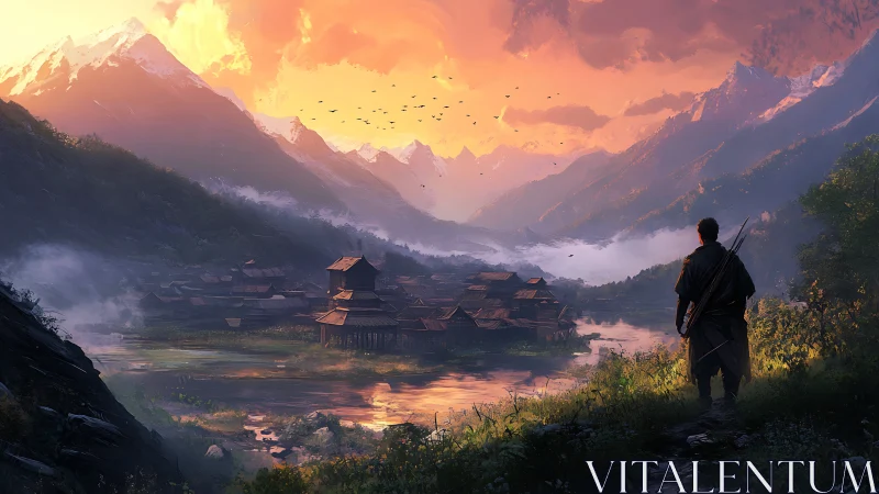 Wanderer overlooks a misty valley village at fiery sunset