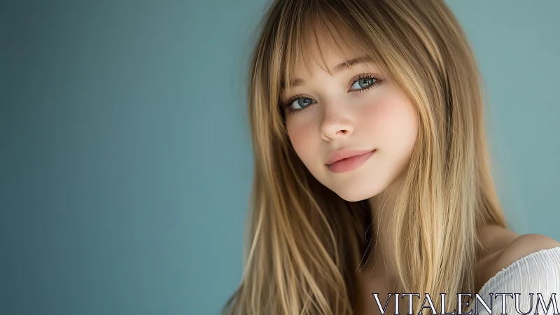 Soft blue backdrop with gentle, bright-eyed portrait focus.