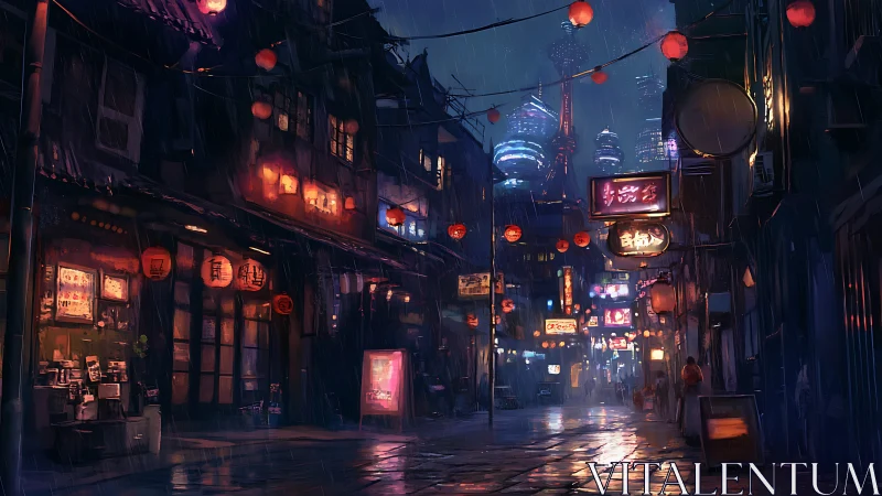 Neon lantern street glows softly against a rainy city night