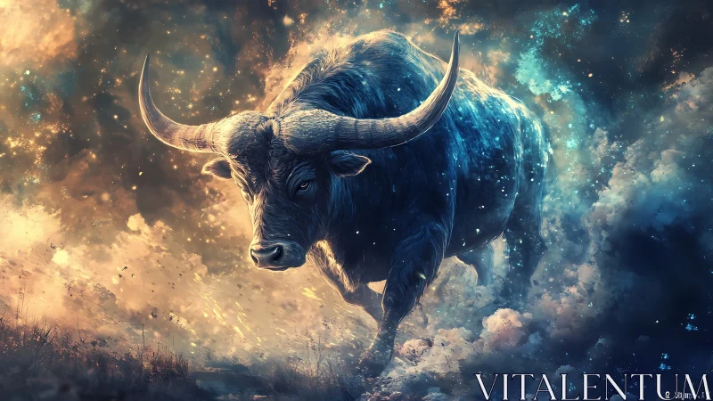 Celestial bull charges forward through glowing cosmic clouds