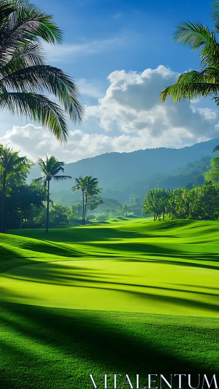 Tropical golf course fairway under morning light and clouds.