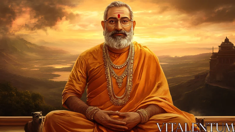Serene Hindu guru seated before golden mountain sunset.