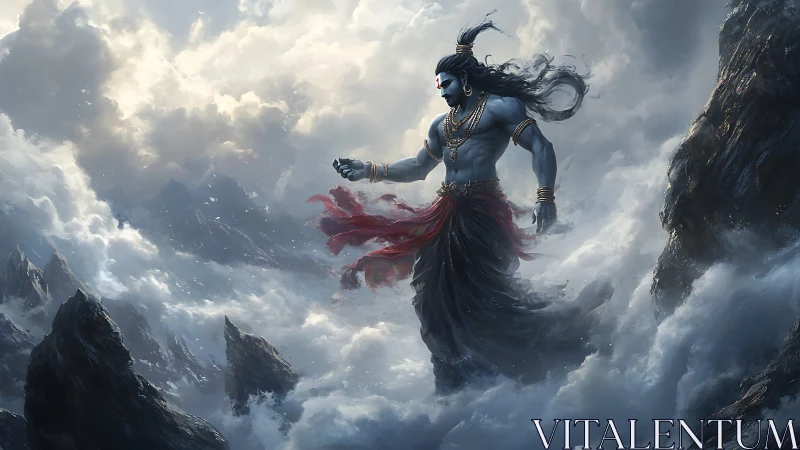 Mythic blue-skinned deity walking through storm clouds.