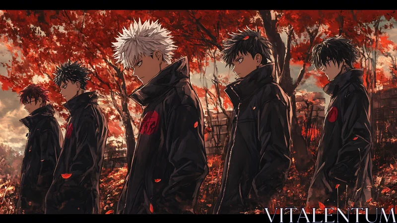 Anime boys in dark uniforms under burning red forest canopy.