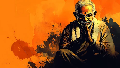 Gentle elder in prayerful pose against glowing orange art.