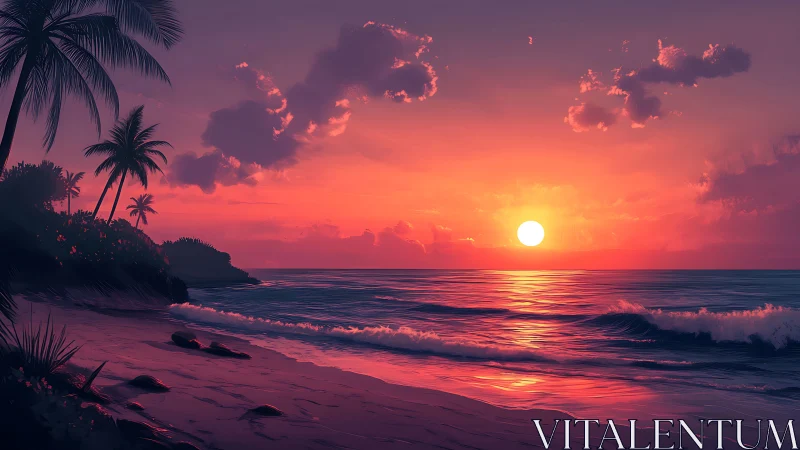 Digital seascape with tropical shoreline and sunset sky.