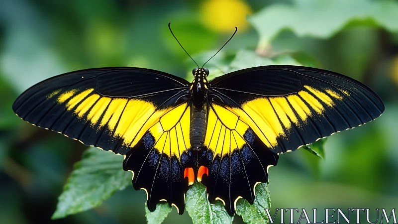 Sunlit butterfly unfurls velvet-black wings of molten gold