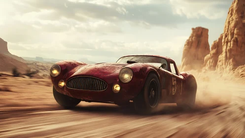 Vintage red race car powers through dusty desert canyon.