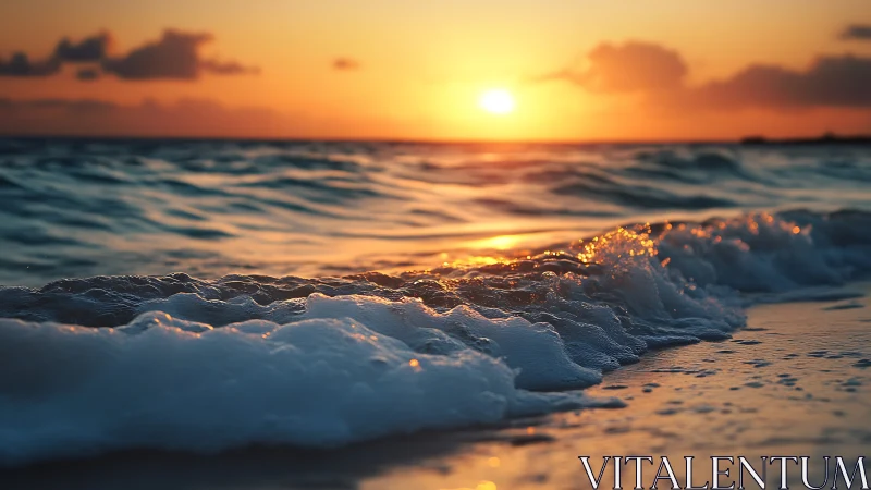 Shoreline foam catching sunset light on rolling waves.