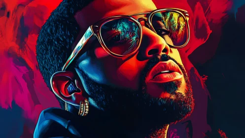 Chromatic portrait with reflective eyewear and neon gradients.