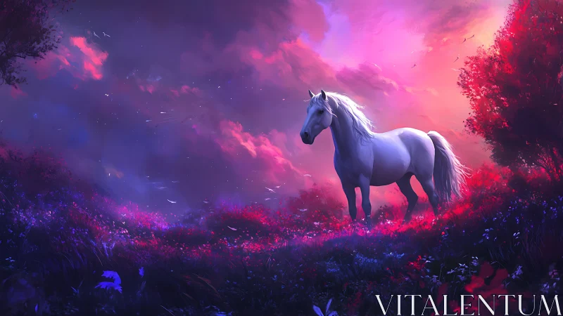 Starlit meadow steed under electric violet dusk sky.