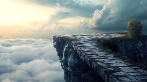 Stone cliff walkway above stratocumulus cloud deck at sunrise
