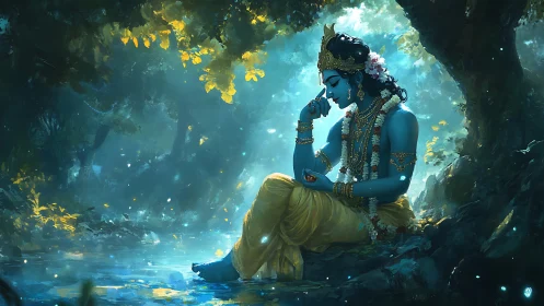 Divine blue figure in luminous forest glade, digital painting.