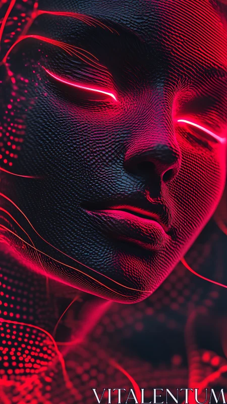 Neon-lit cybernetic face glows with abstract red currents.