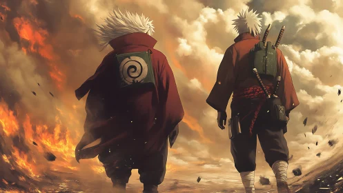 Two seasoned warriors walk boldly through a burning sky