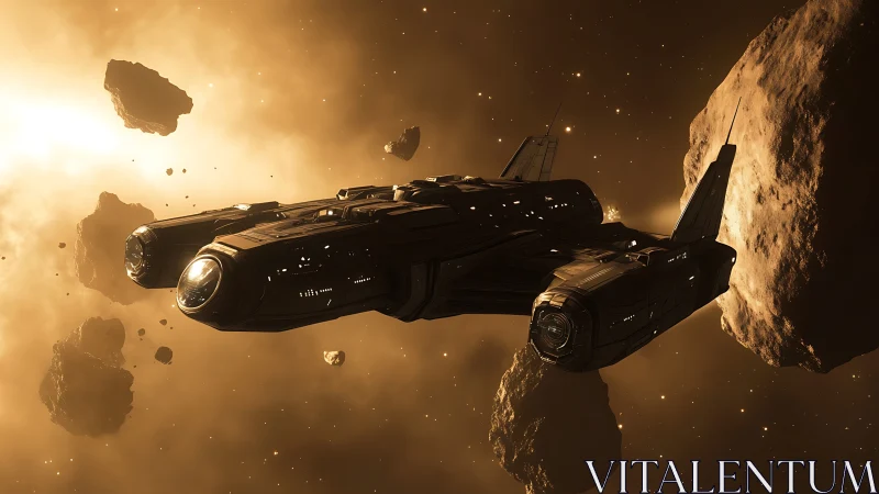Sleek starship gliding through a glowing asteroid field.