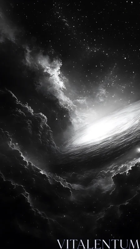 Galactic vortex unfolds in monochrome cosmic stormscape.