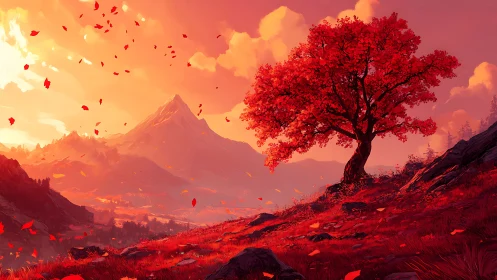Crimson tree dominates blazing mountain valley sunset.