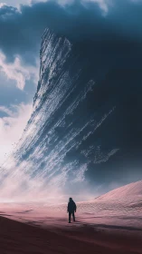 Solitary explorer beneath towering inverted seascape wall.