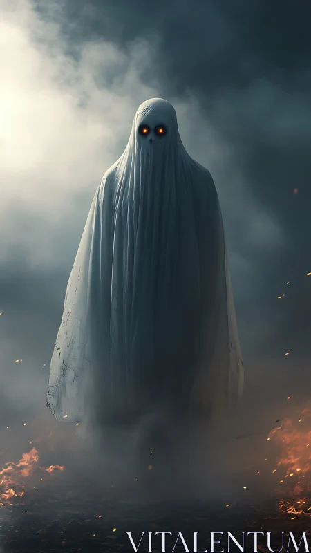 Ghostly robed figure with glowing eyes in smoky landscape.