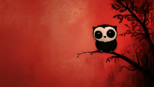Wide-eyed owl perches on branch against vivid red dusk