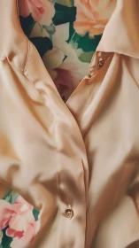 Beige satin shirt detail with floral patterned background.