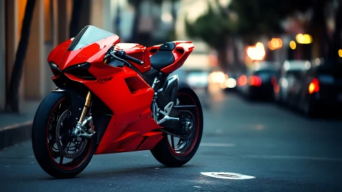 Sleek red superbike waits under city lights at dusk