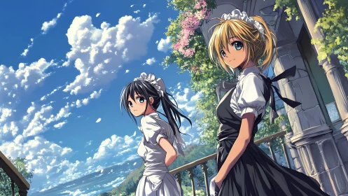 Two anime maids stand on sunny terrace under vivid sky