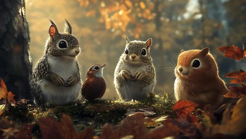 Digital painting of woodland squirrels in autumnal vignette.