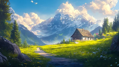 Sunlit alpine meadow cabin under towering snowy peaks.