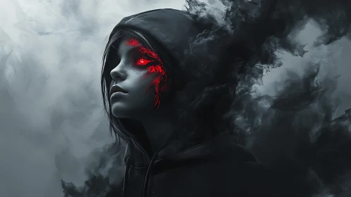 Hooded human figure with red cybernetic eye amid smoke.