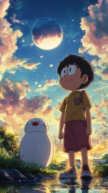 Boy and white creature under glowing twilight planet sky.