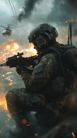 Courageous soldier watching the burning city horizon at dusk.