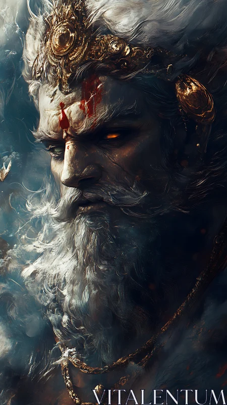 Mythic storm king portrait with molten golden diadem.