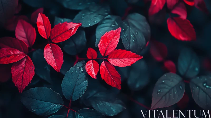 Crimson vine leaves contrasted against teal foliage background.
