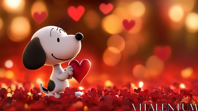 Snoopy's Crimson Love Heart Among Golden Bokeh Lights.