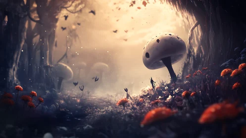 Moonlit mushroom realm where tiny wanderers greet dusk.