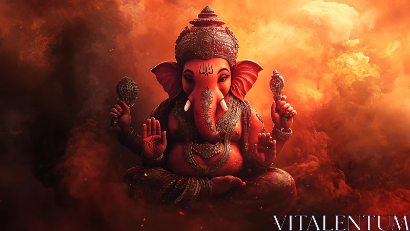 Radiant Ganesha deity statue in fiery atmospheric orange clouds