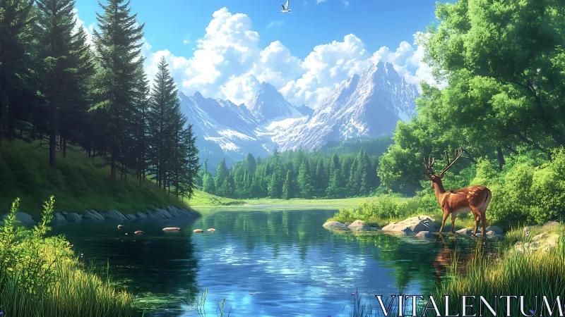 Deer at crystal lake beneath storybook alpine peaks.