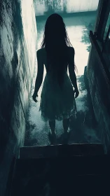 Mysterious girl in a misty stairwell invites eerie curiosity.