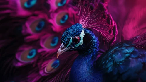 Neon peacock dreams in electric plumage and velvet shadow