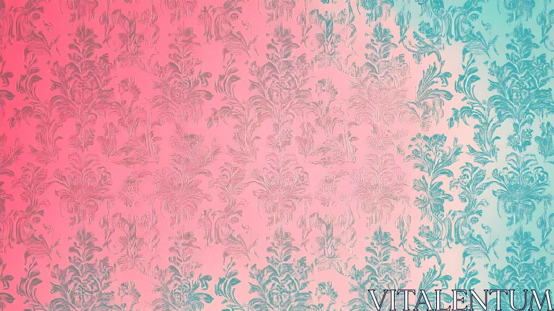 Ornate floral damask on pink to teal gradient background.