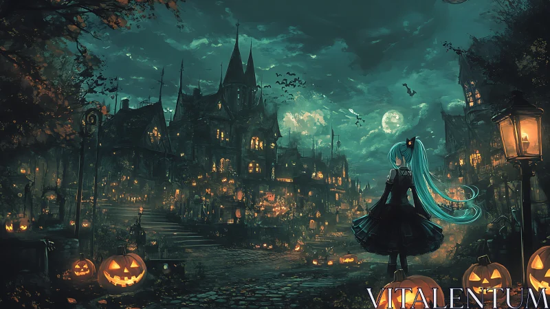 Gothic Halloween town with teal haired girl at night
