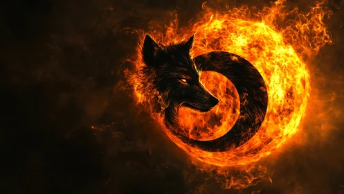 Fiery wolf emblem circles within blazing inferno ring.