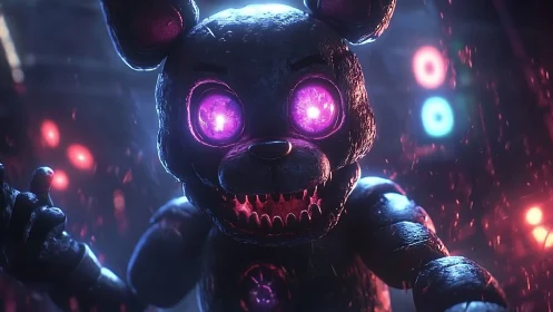 Sinister robot bear with glowing neon purple eyes in rain.
