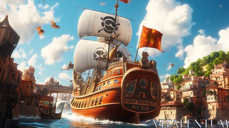 Pirate galleon sails through bright Mediterranean harbor.