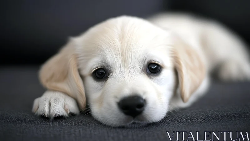 Golden retriever puppy resting on dark fabric surface.