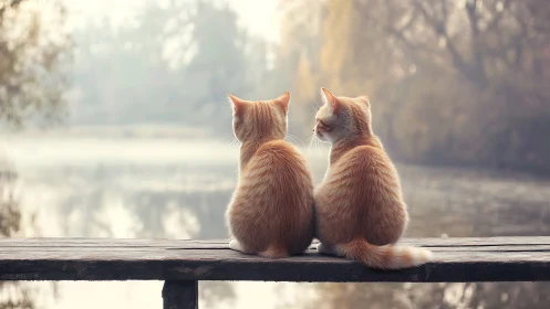 Ginger Contemplation: Two Kittens Gazing Toward Misty Horizons.