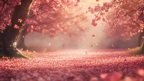 Cherry Blossom Canopy in Soft Focus: Dreamlike Spring Landscape.